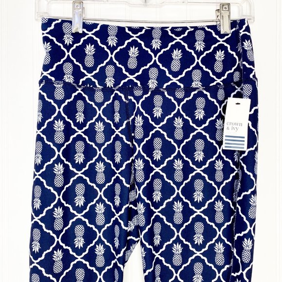 NEW CROWN & IVY SPORT Pineapple & Lattice Leggings Blue & White S - Picture 4 of 11